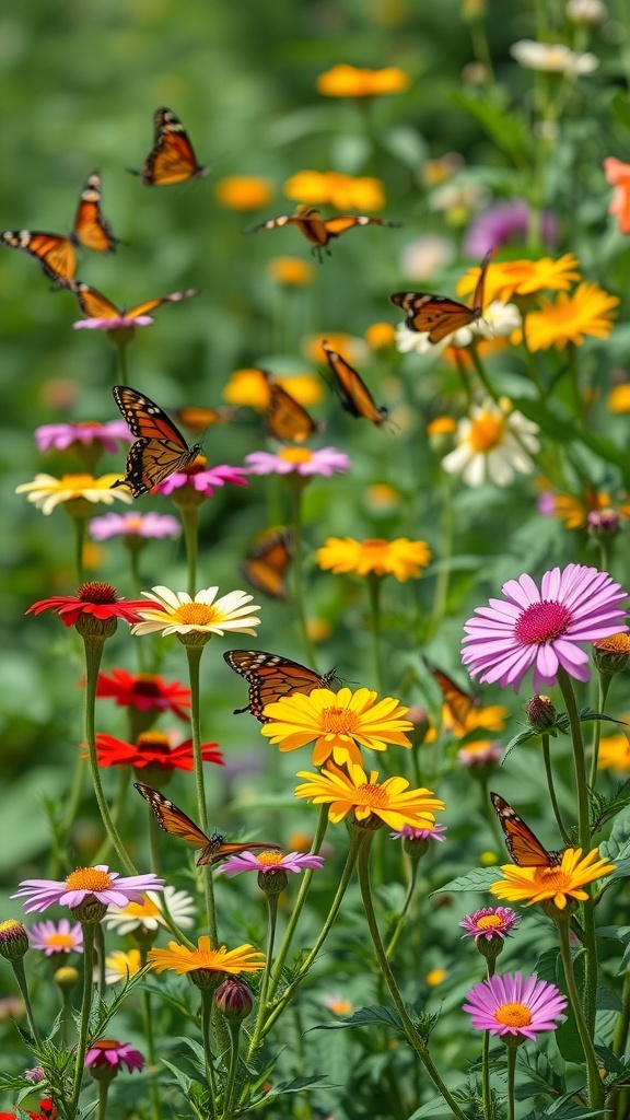 A colorful flower garden filled with butterflies, showcasing various flowers like daisies and zinnias.