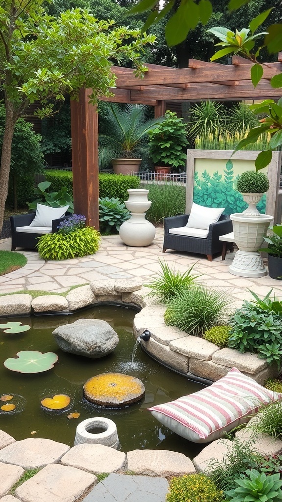 A serene garden featuring a pond, stone pathways, and comfortable seating surrounded by lush greenery.