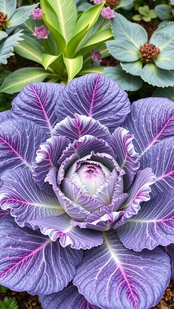 Close-up of ornamental cabbage with vibrant purple and green leaves
