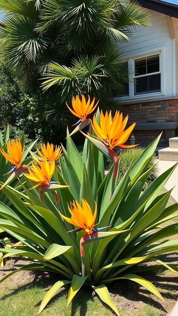 A vibrant arrangement of Bird of Paradise flowers in a tropical garden setting.