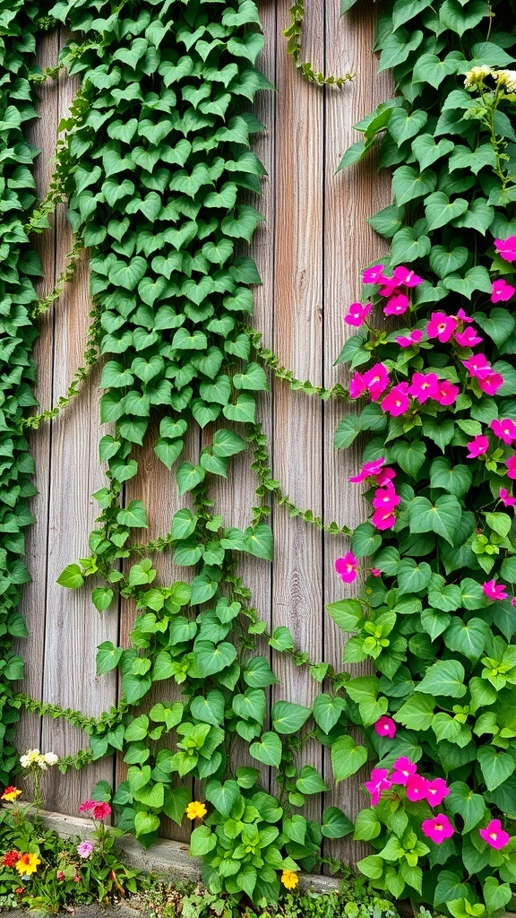 A vertical garden with climbing green vines and pink flowers against a wooden fence.