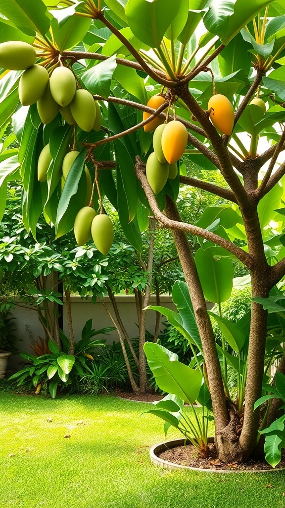 A tropical fruit tree with green fruit surrounded by lush plants in a garden setting.