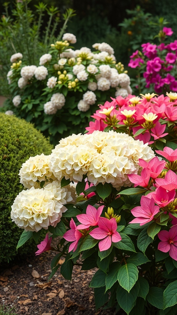 A vibrant flower garden featuring pink and white flowering shrubs.