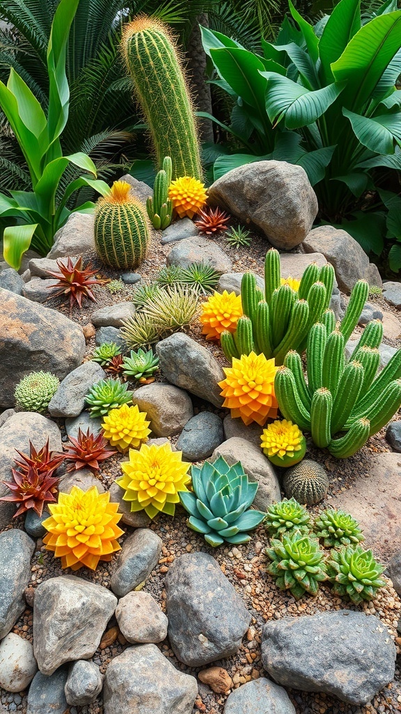 A vibrant succulent rock garden featuring colorful succulents and large stones.