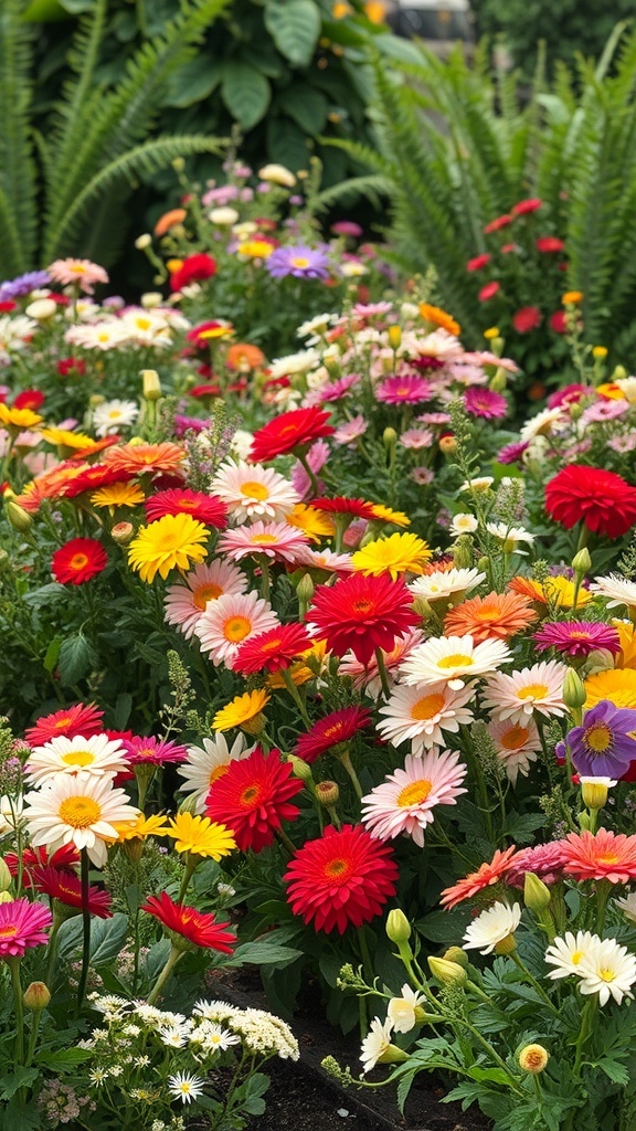 A vibrant flower garden filled with colorful blooms, including red, pink, yellow, and white flowers.