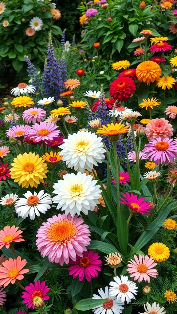 A vibrant flower garden featuring a mix of colorful flowers including daisies, zinnias, and more.