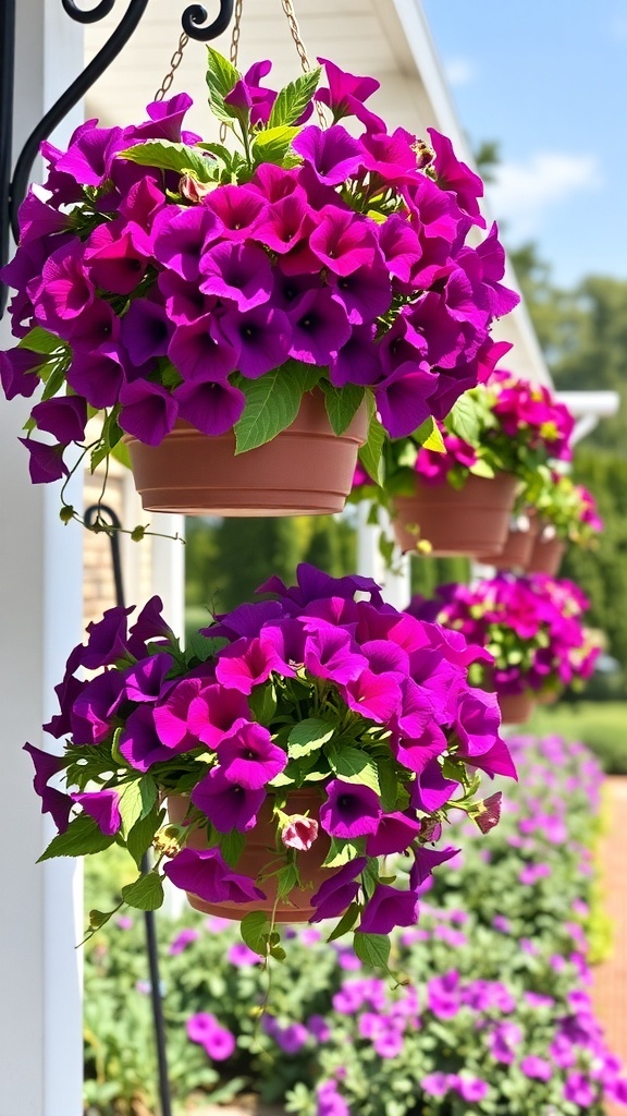 Hanging baskets filled with vibrant purple petunias in a garden setting