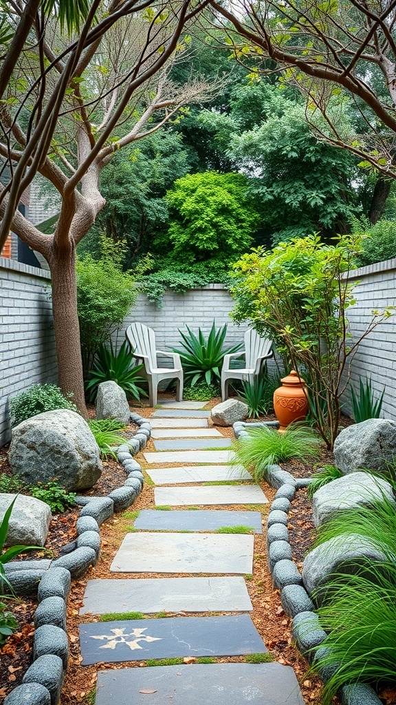 A serene meditation space with a stone path, chairs, and lush greenery.
