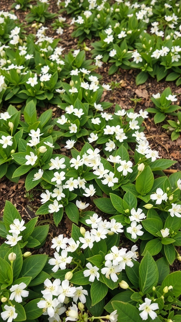A lush ground cover of white flowers with green leaves in a garden setting.