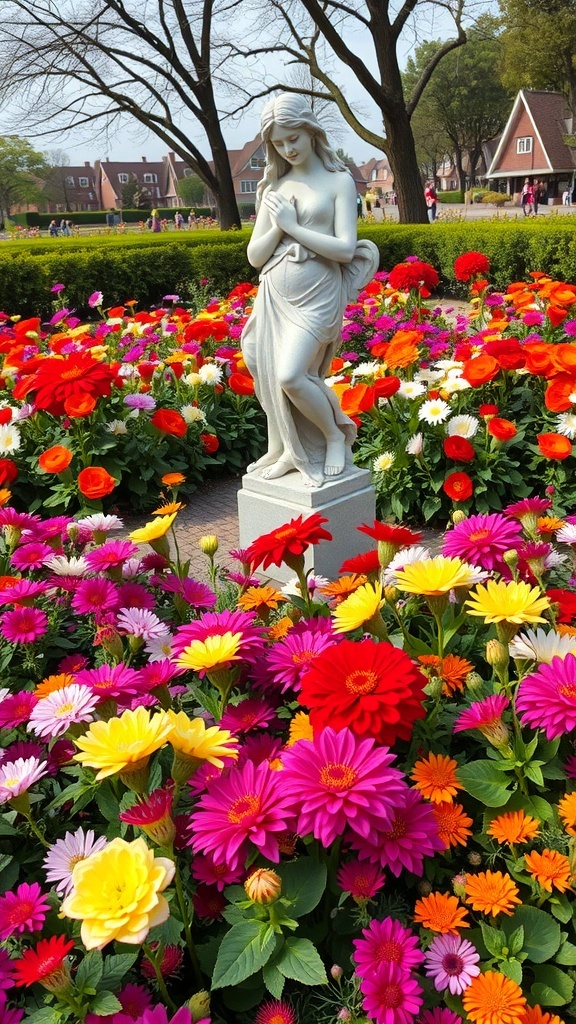 A statue surrounded by a colorful flower bed with various blooms.