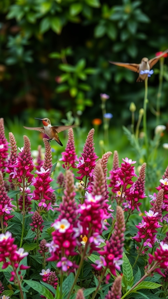 A vibrant display of salvia flowers with hummingbirds hovering nearby.