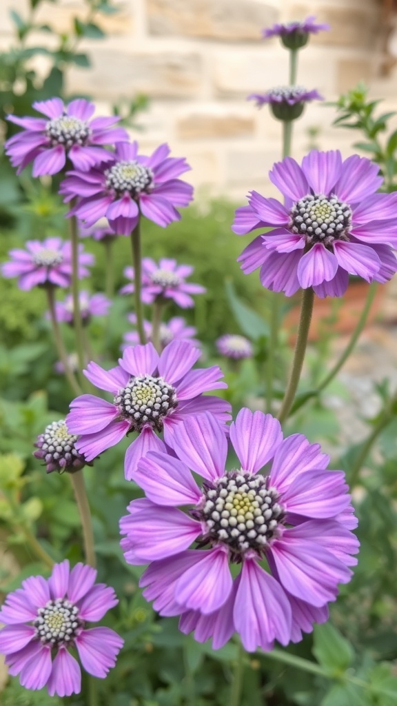 Purple Scabiosa flowers in a garden setting, showcasing their vibrant lavender color and unique shape.