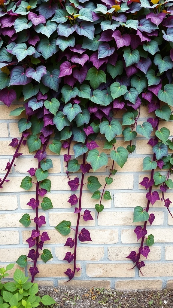 Purple Sweet Potato Vine with vibrant purple and green leaves cascading over a wall