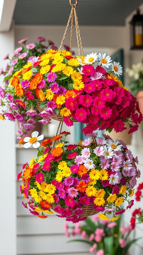 Colorful hanging flower baskets filled with various blooms