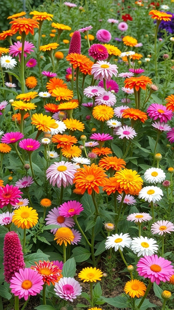 A colorful garden filled with various flowers including daisies, gerberas, and other vibrant blooms.