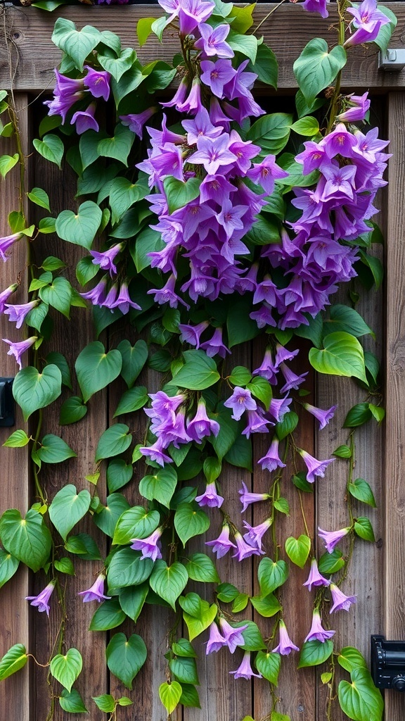 Thunbergia flowers climbing on a wooden fence, showcasing beautiful purple blooms and green leaves.