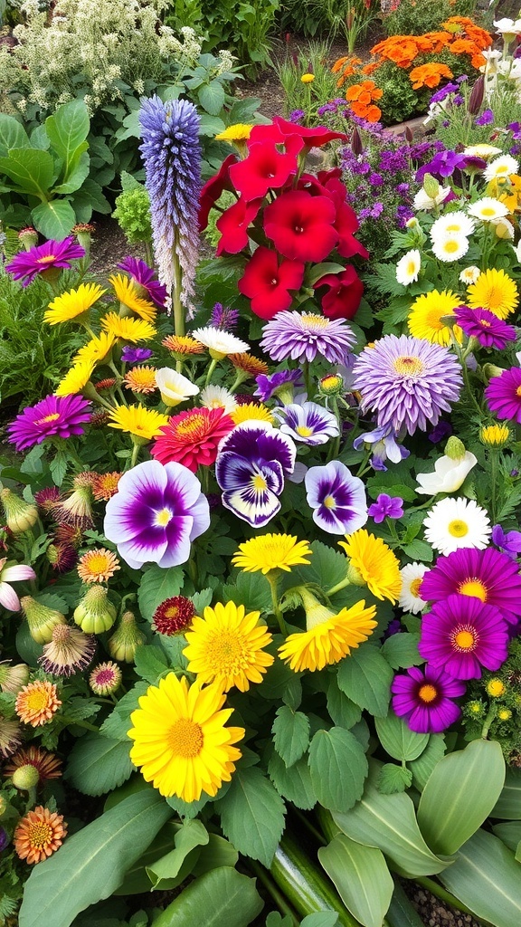 A colorful display of various edible flowers in a garden setting.