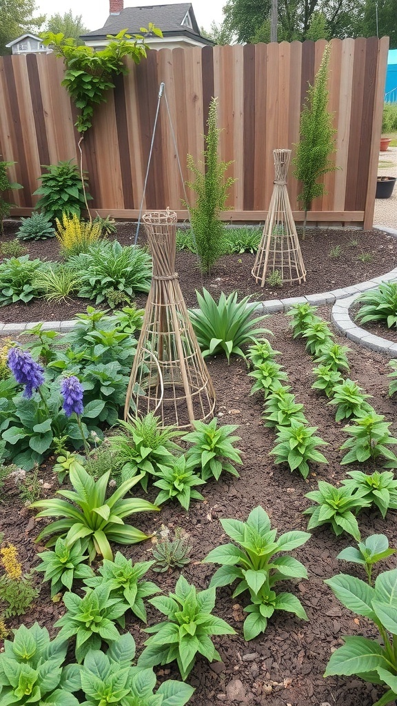 A sustainable permaculture garden featuring organized rows of plants and wooden trellises.