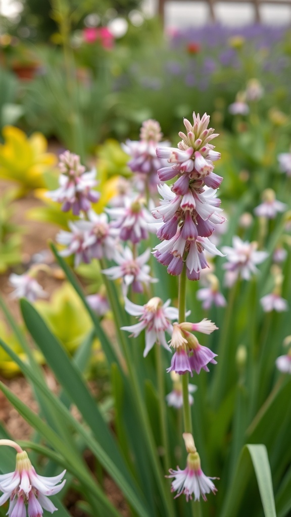 Close-up of purple chives flowers in a garden setting