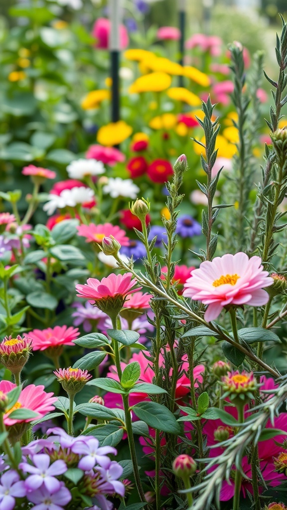 A colorful flower garden with pink, yellow, and purple flowers, featuring fragrant herbs like rosemary and lavender.