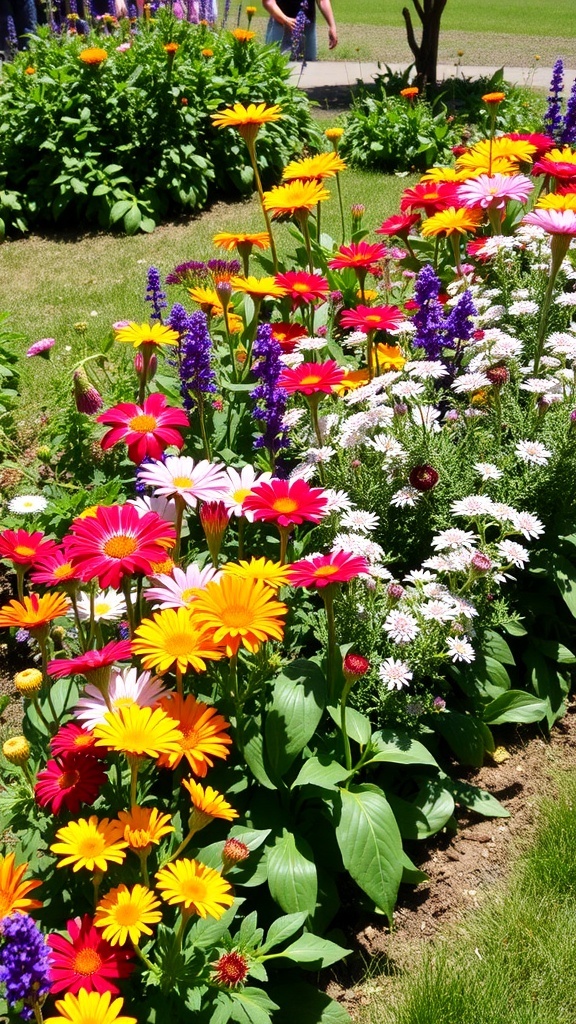 A colorful flower border featuring various perennial flowers in a garden.