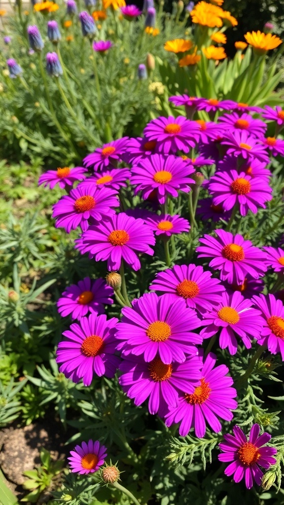 A cluster of vibrant purple marigold flowers with orange centers, surrounded by other colorful flowers in a garden.