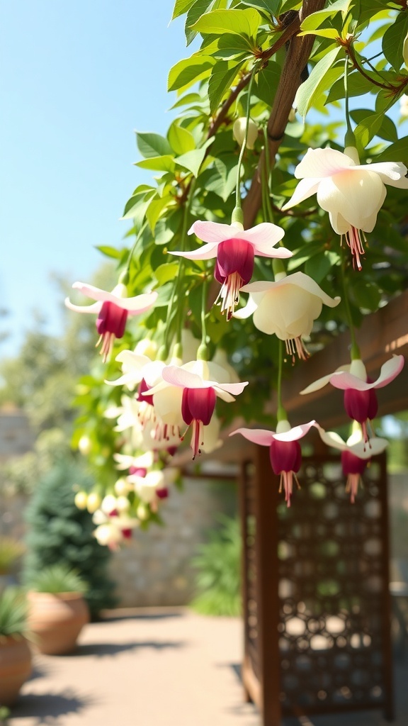 A beautiful display of white fuchsia flowers hanging from a trellis in a sunny garden.