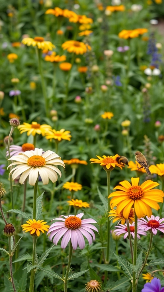 A colorful flower garden with yellow, pink, and white flowers attracting wildlife.