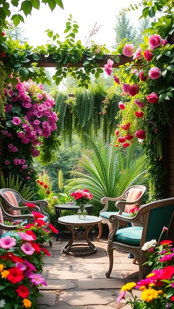 A cozy garden seating area surrounded by colorful flowers and greenery.