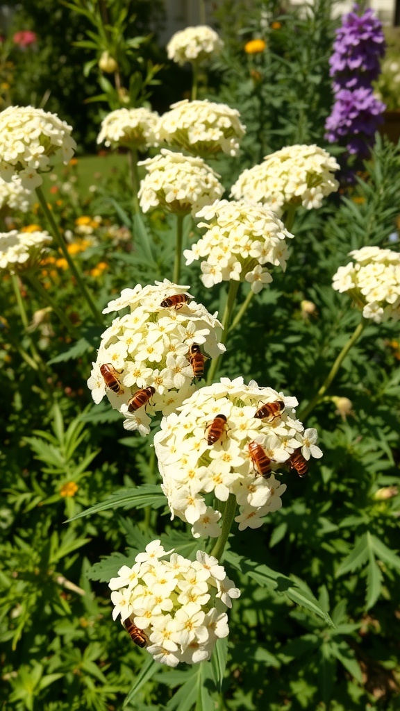 Close-up of white Verbena flowers with bees on them in a garden setting.
