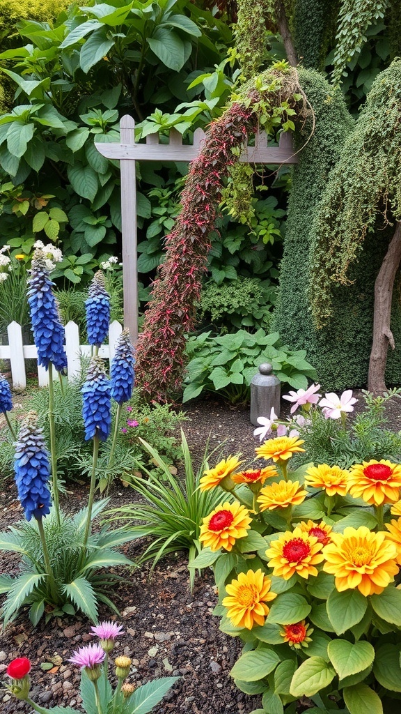 A colorful heritage garden featuring blue flowers, yellow and red blooms, and lush greenery.