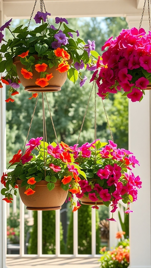 Hanging pots filled with colorful petunias in pink, orange, and purple.
