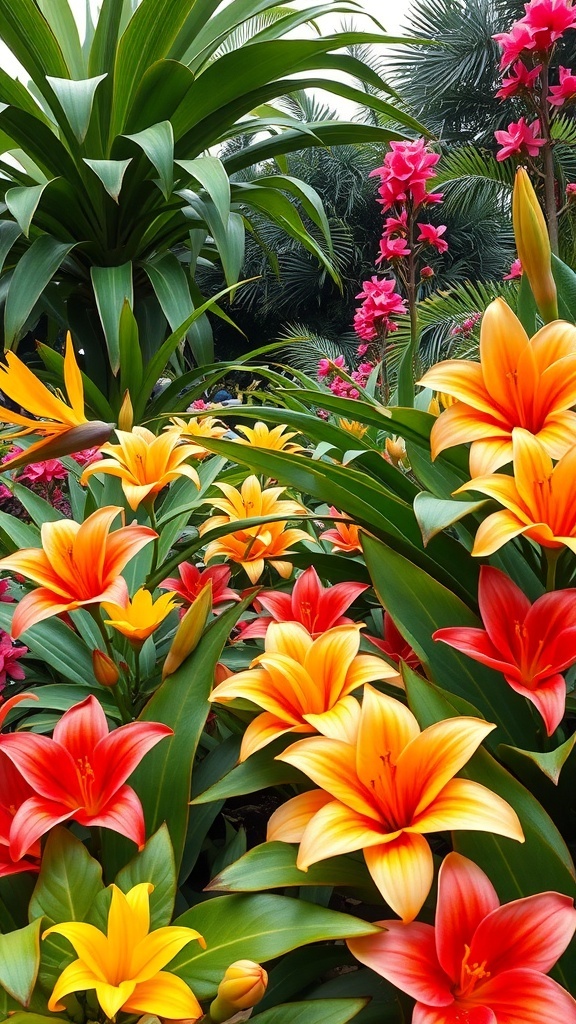 A vibrant display of tropical flowers in shades of red, orange, and yellow with lush green leaves.