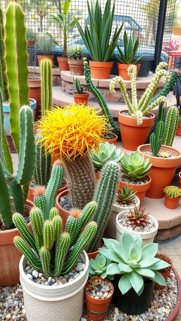 A vibrant collection of cacti and succulents in various pots, showcasing a mix of shapes and colors.