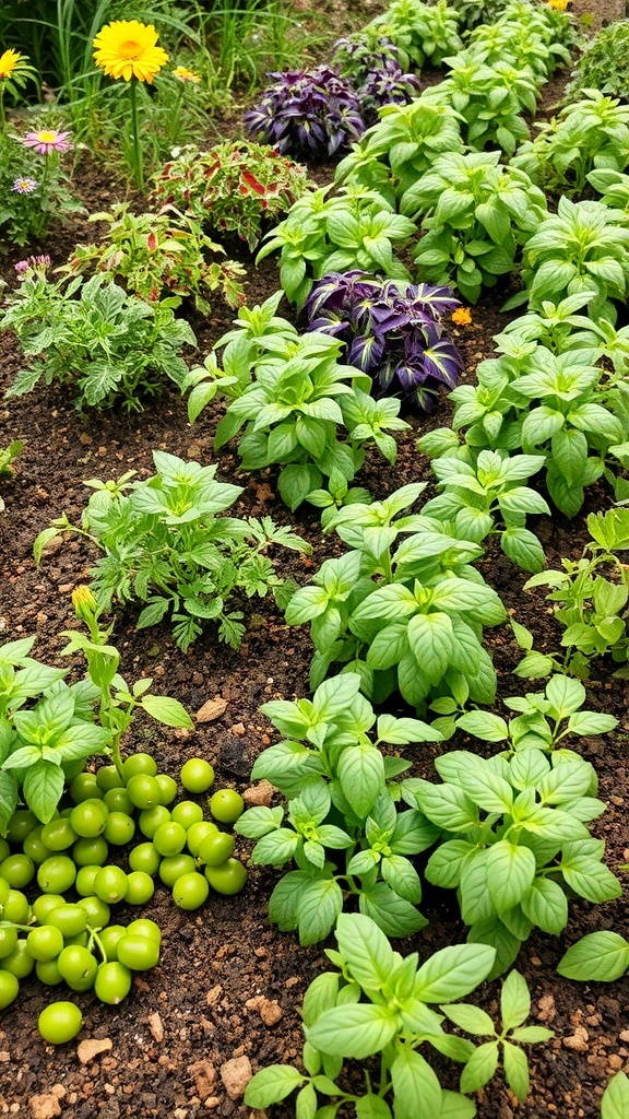 A vibrant herb garden featuring rows of basil, purple plants, and yellow flowers.