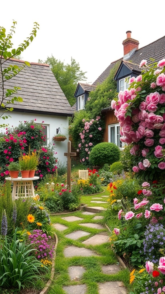 A picturesque cottage garden with a stone path, colorful flowers, and a cozy seating area.
