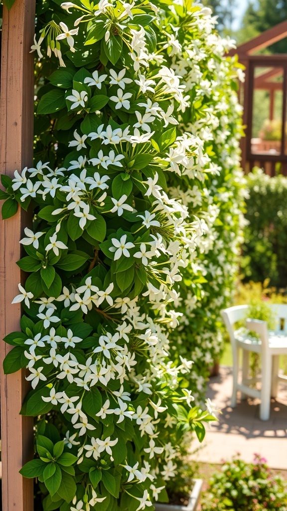 A lush display of white jasmine flowers climbing on a trellis in a garden