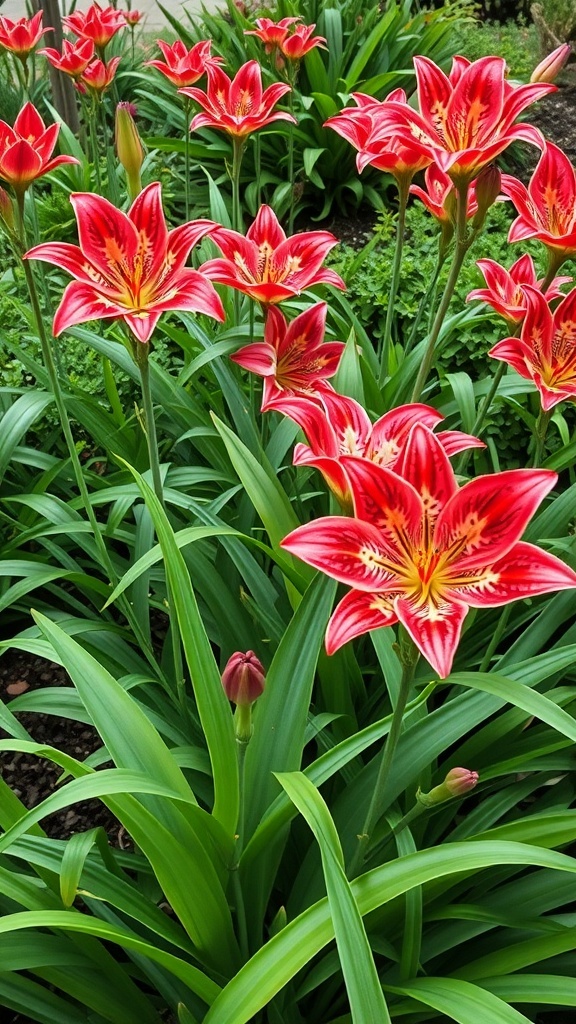 A cluster of vibrant red toad lilies with unique patterns in a garden setting.