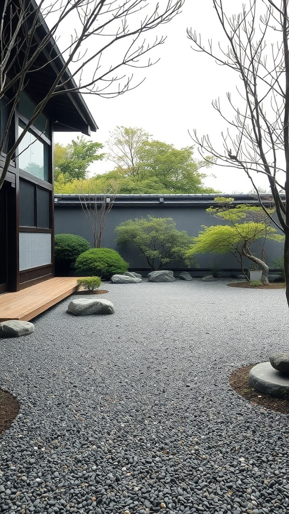 A serene Zen garden featuring smooth gravel, stones, and minimalistic trees.