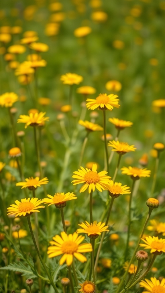 A field of bright yellow tansy flowers in full bloom