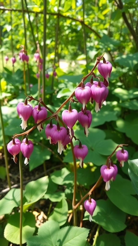 Purple Bleeding Heart flowers with heart-shaped blooms surrounded by green leaves