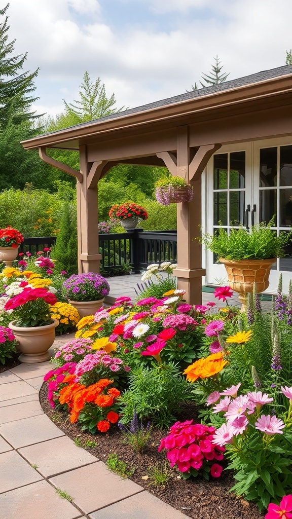 A colorful flower garden surrounding a patio with vibrant blooms and seating.