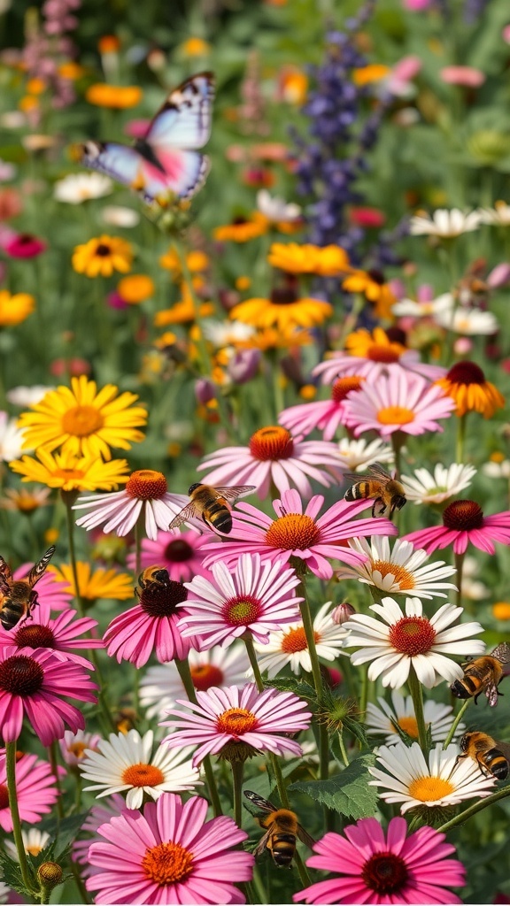 A vibrant flower garden filled with pink, white, and yellow flowers, buzzing bees, and a butterfly.