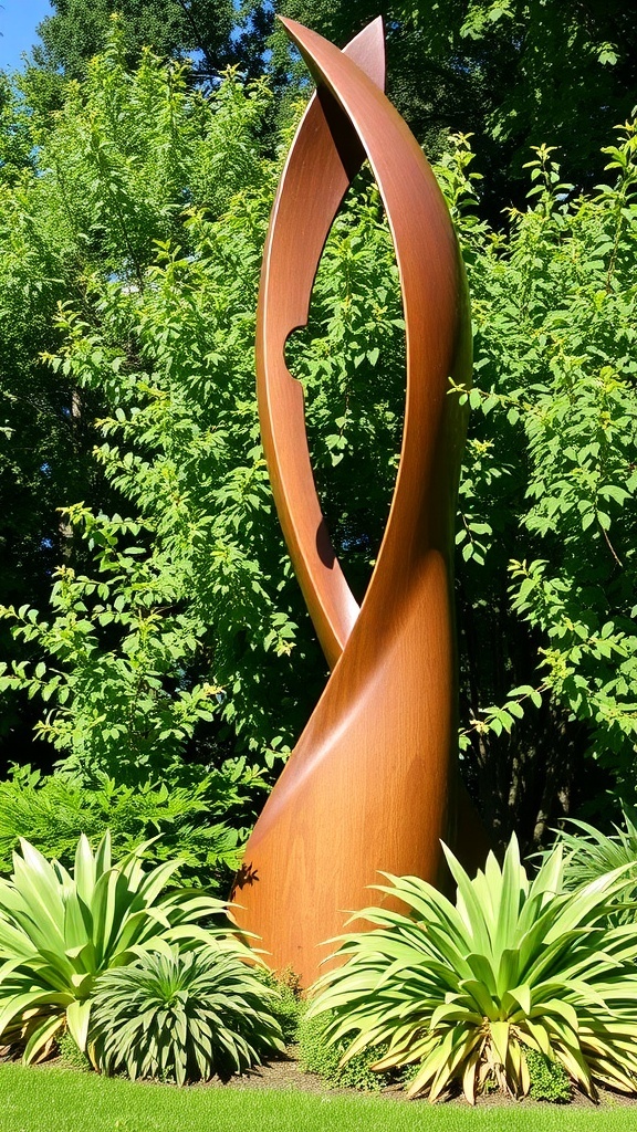 A modern outdoor sculpture surrounded by greenery in a landscaped garden.