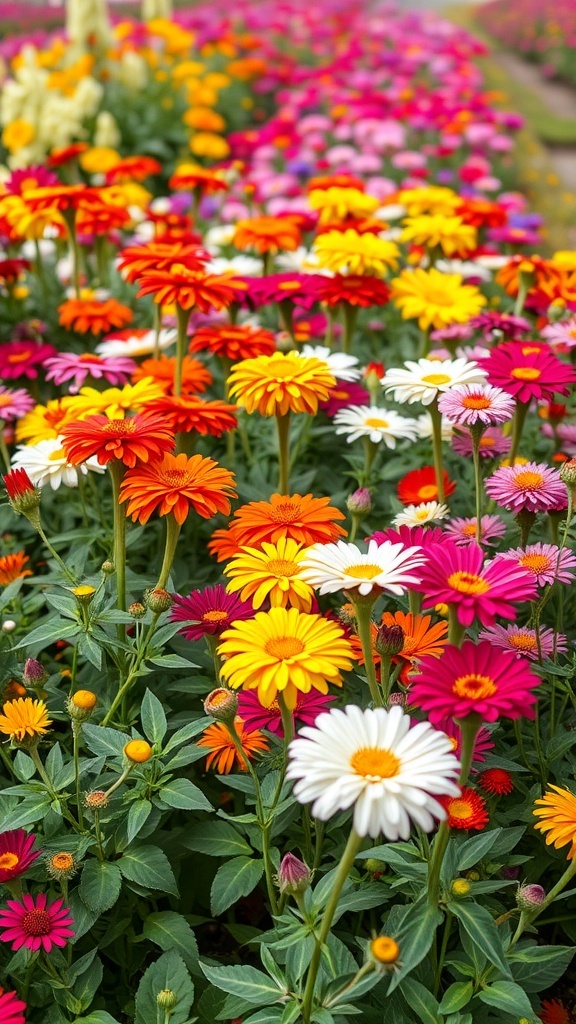 A vibrant display of colorful annual flowers in shades of red, orange, pink, and yellow.
