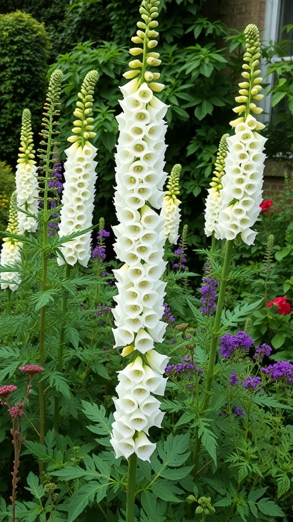 Tall white foxgloves in a garden with green foliage and purple flowers