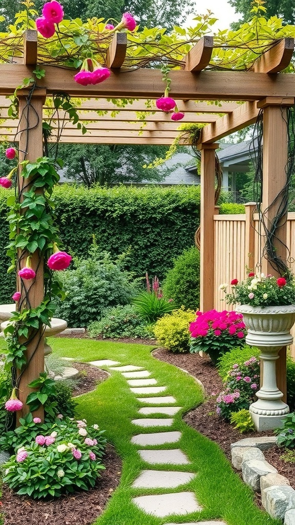 A charming pergola garden with pink flowers, a stone pathway, and lush greenery.