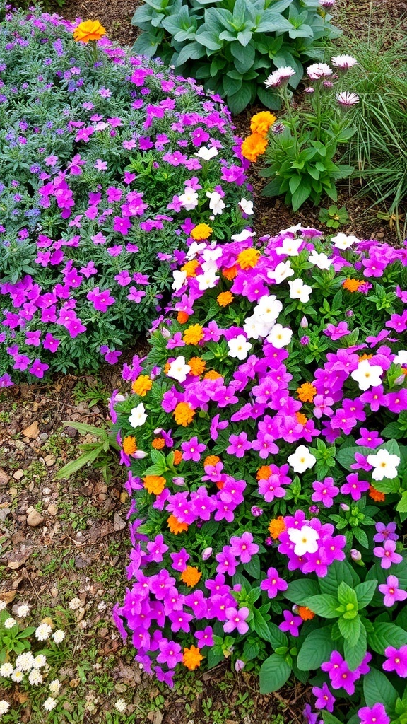 A colorful flower garden featuring a variety of ground cover flowers in pink, red, white, and yellow.