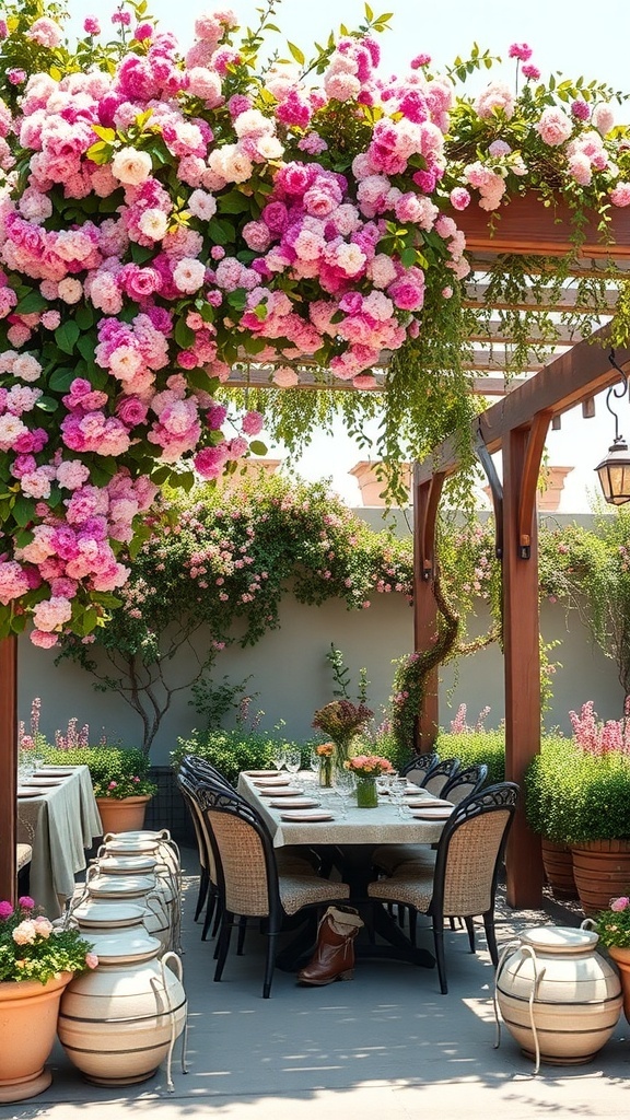 A pergola adorned with pink and white flowering vines, creating a beautiful outdoor dining space.