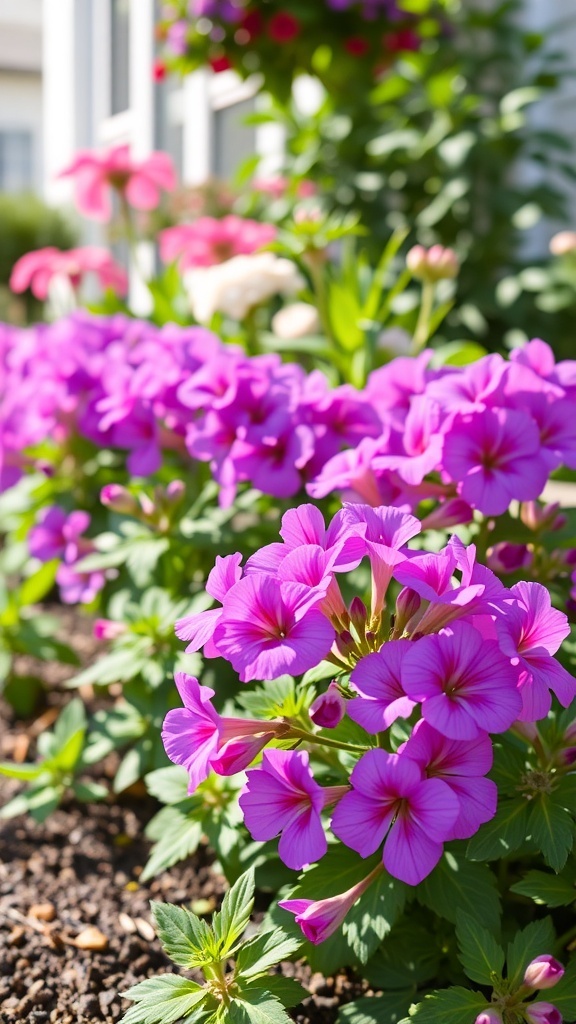 Purple geranium flowers blooming in a garden